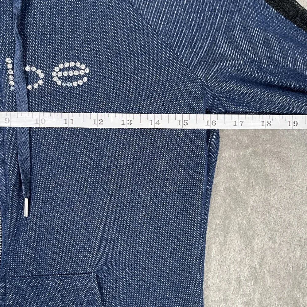 Bebe Rhinestone Logo Zip Hoodie Women’s Small Dark Blue Y2K 2000 Retro Lace Trim